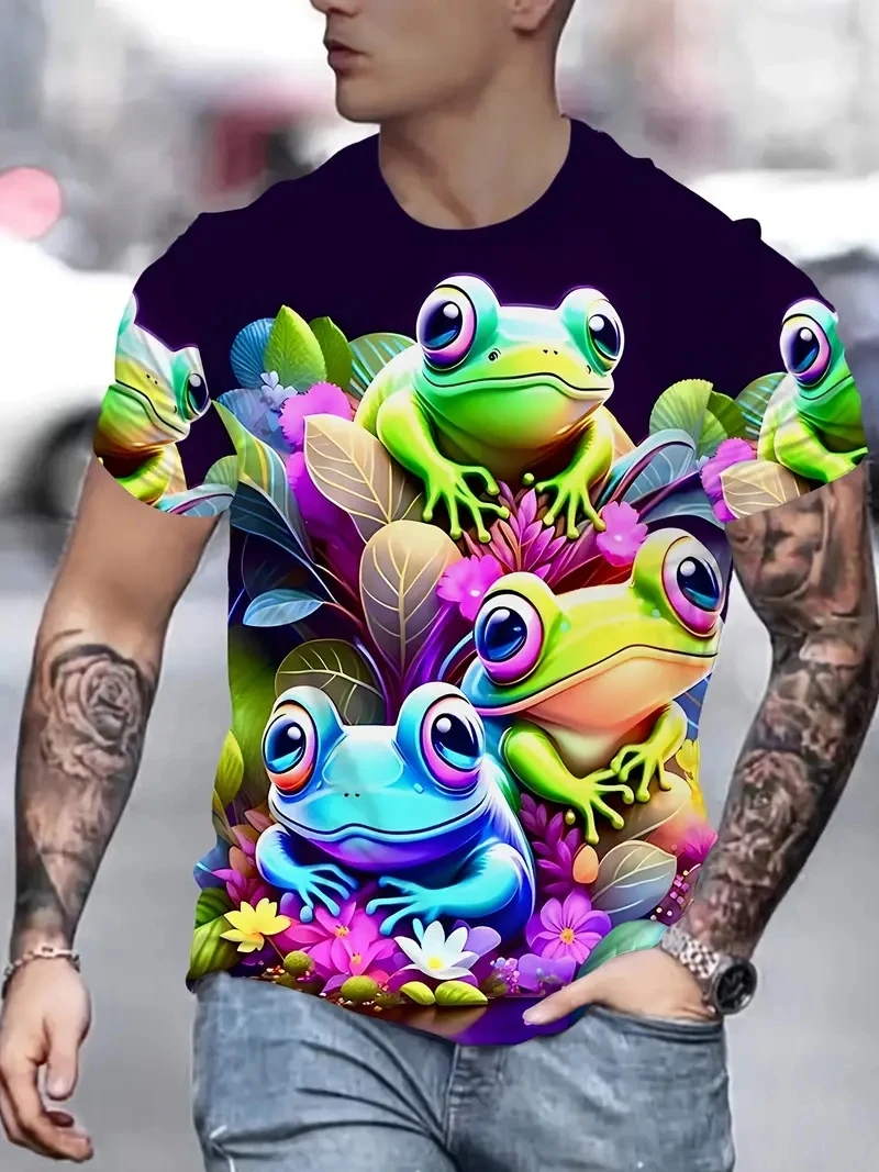 Camiseta masculina plus size com estampa de sapo 3D, solta e casual, macia, confortável e respirável, esportes ao ar livre