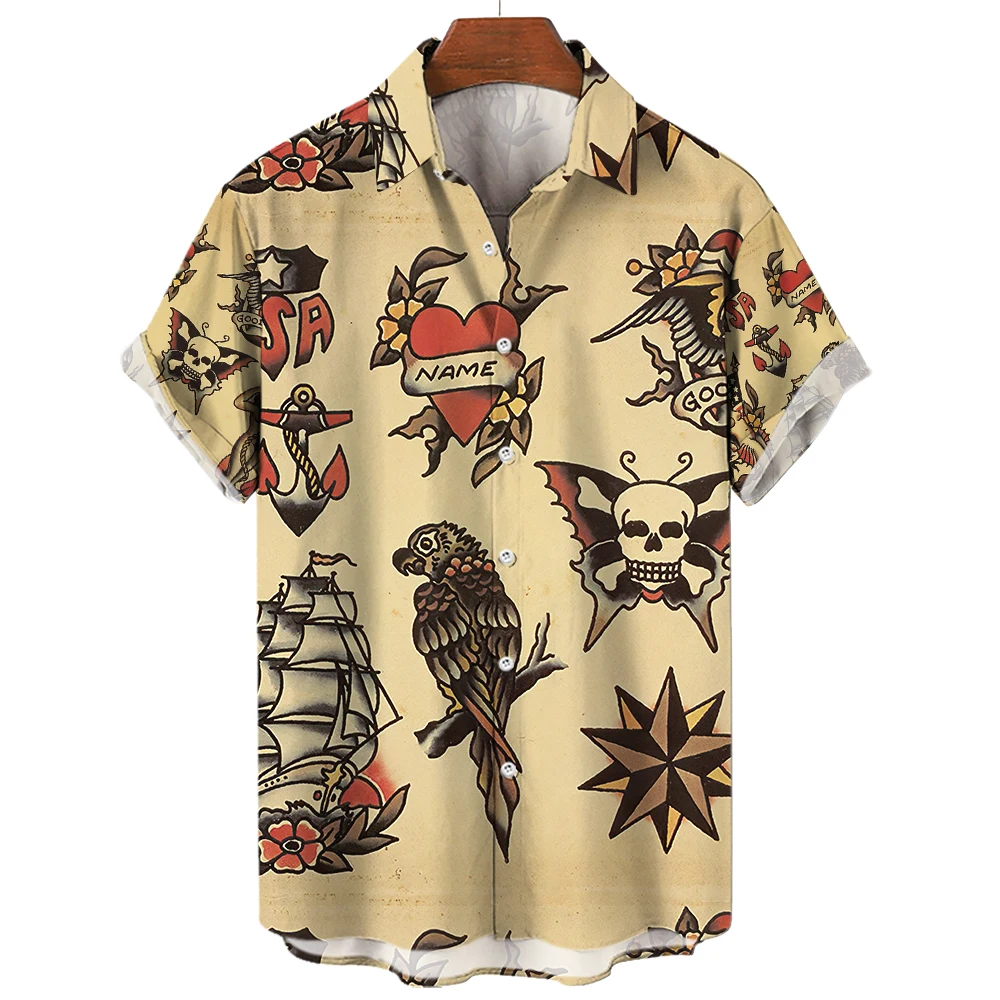 Summer Men's Hawaiian Shirts Lapel Buttons Fashion  ShirtsVintage Print Men's Beach Casual Party Short Sleeve Top Men's Clothing