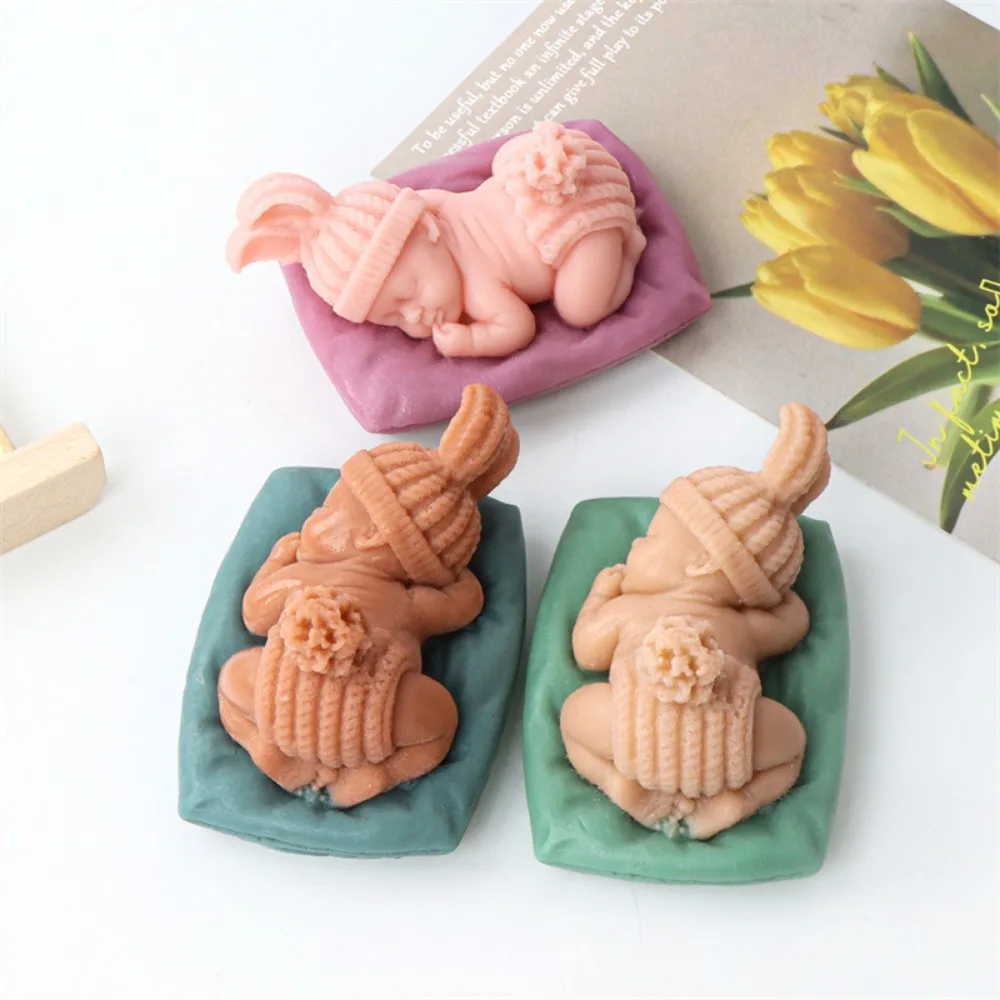 Lovely Sleeping Rabbit Baby Plaster Doll Silicone Molds Long Ears Bunny Cupid Candle Resin Making Baby Room Decor Birthday Gifts