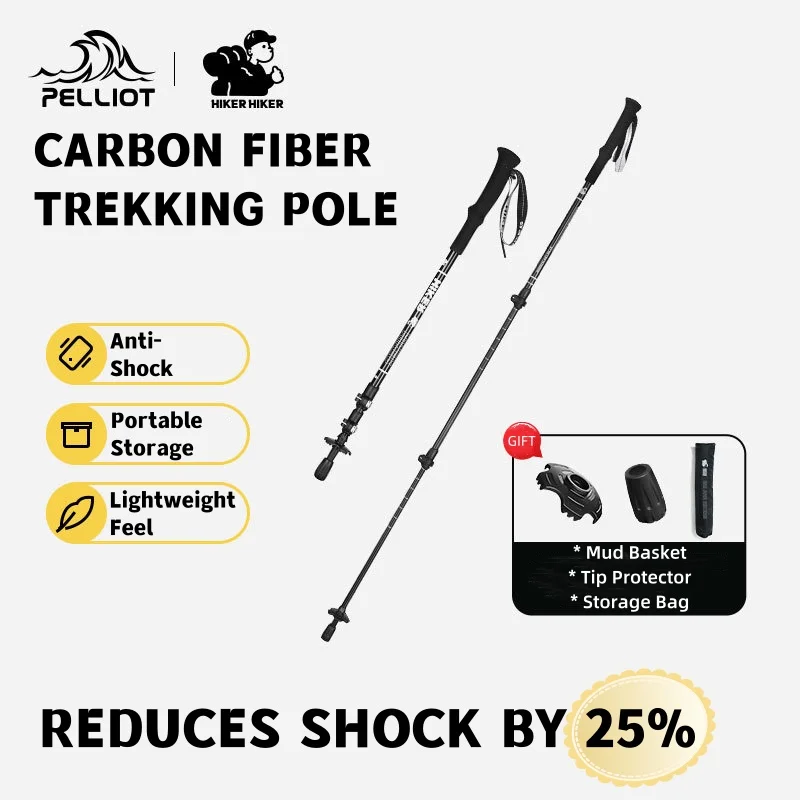 Trekking Pole Carbon Fiber Anti-Shock Ultralight 199g 3-sections Adjustable Hiking Walking Sticks Shock Absorption Trekking Pole