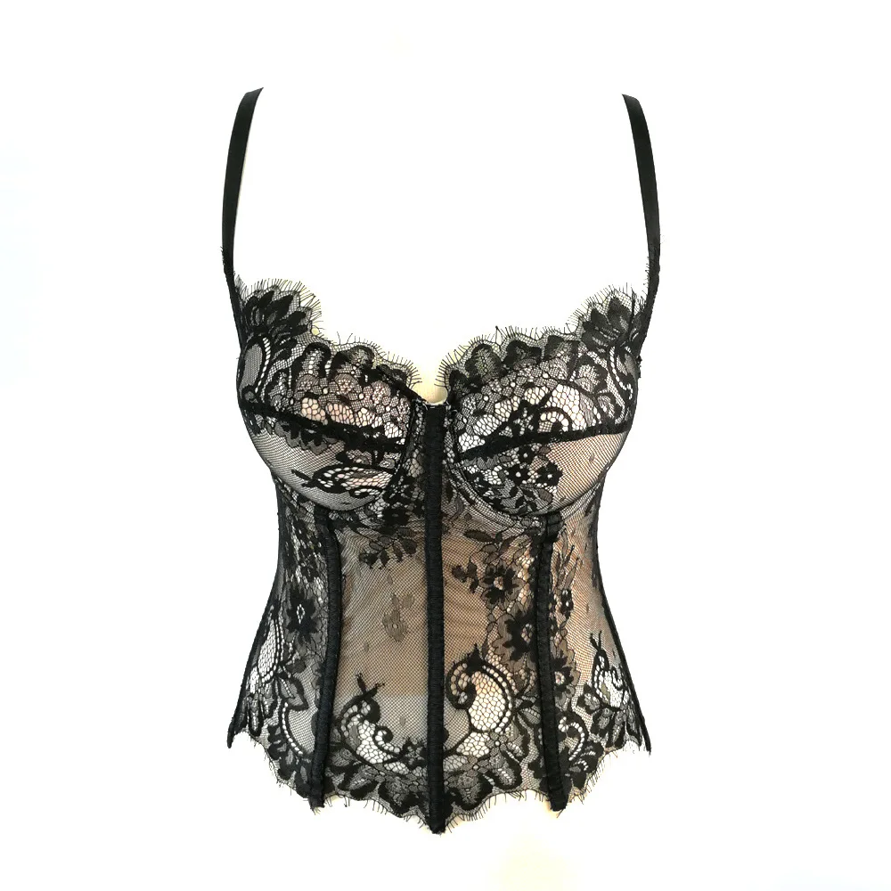 

Sexy Black Lace Corset Vest Women Eyelash Lace Embroidered Short Top Party Night Club Sexy Bustier Push-up Bra Crop Top 45918