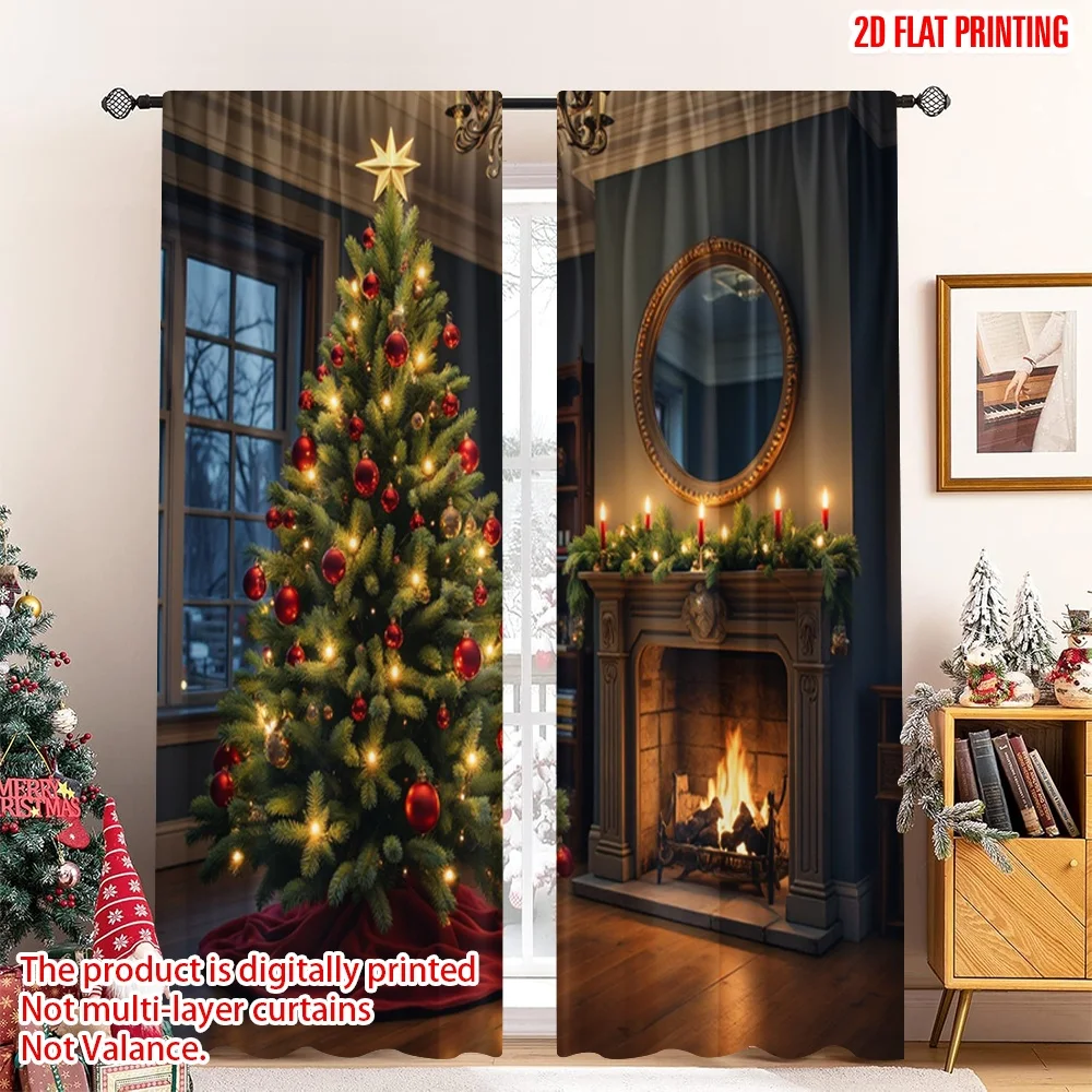 

2pcs 2D flat printing Christmas Curtain Vintage Christmas Tree Candles Polyester Without Electricity 0 Use for Indoor