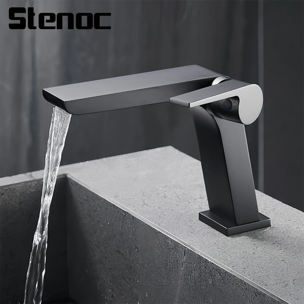 

Stenoc New Luxury Bathroom Single Handle Basin Faucet Gun Grey Deck Mounted Sink Mixer Tap Black Hot Cold Water Washbasin Crane