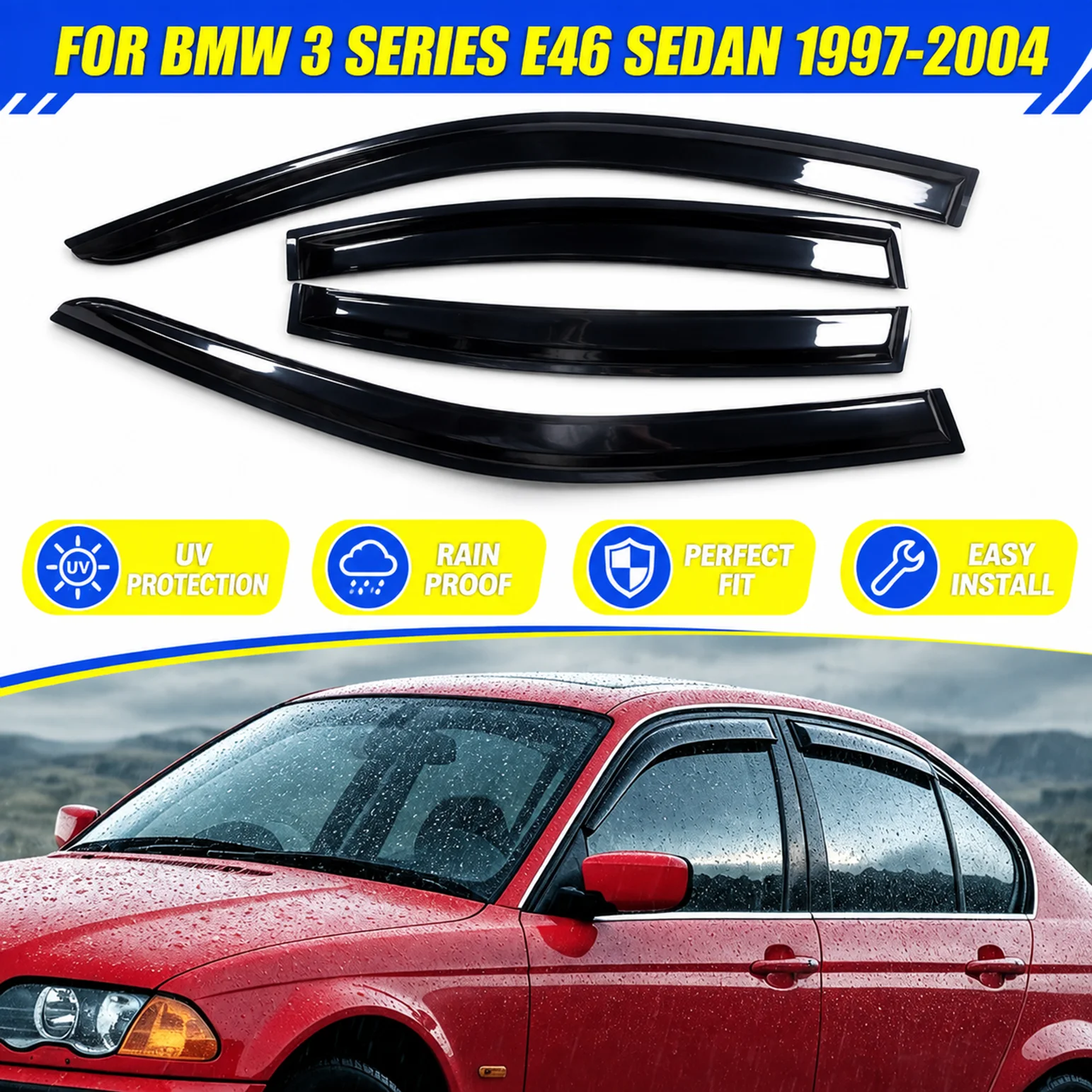 Deflettori antivento per finestrini anteriori in stile «smoky» per BMW Serie 3 E46, berlina a 4 porte, modelli 1997-2004, protezioni laterali per finestrini, paravento, parasole, elementi di
