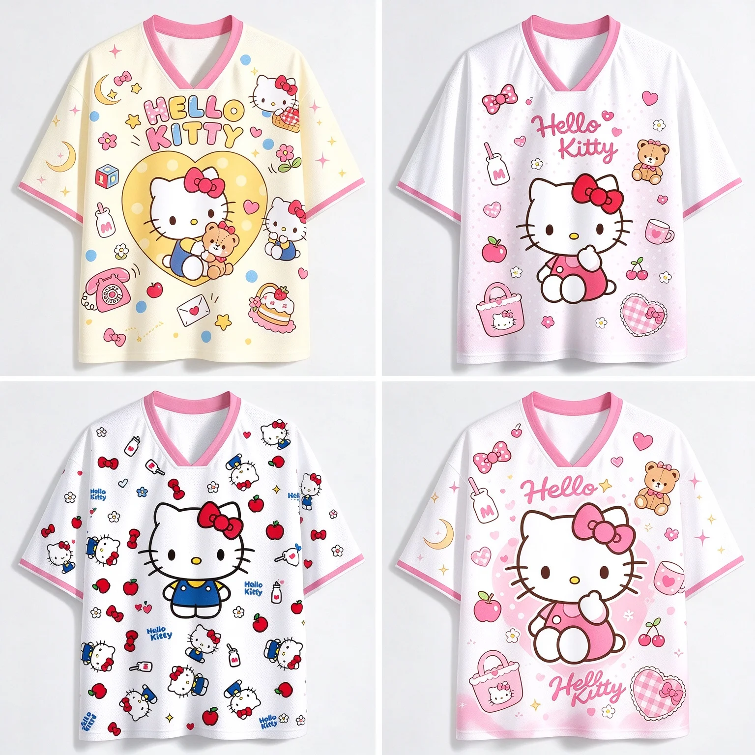 Popular Cartoon Hello Kitty V-Neck Mesh Jersey Cute Styles Women Unisex T-shirt Casual Kawaii Fan Y2K Oversized Streetwear Top