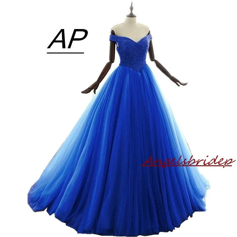 Gaun pesta putri Cinderella biru Royal gaun acara Formal Sweetheart Off-Shoulder manik-manik quineanera Tulle berkilau