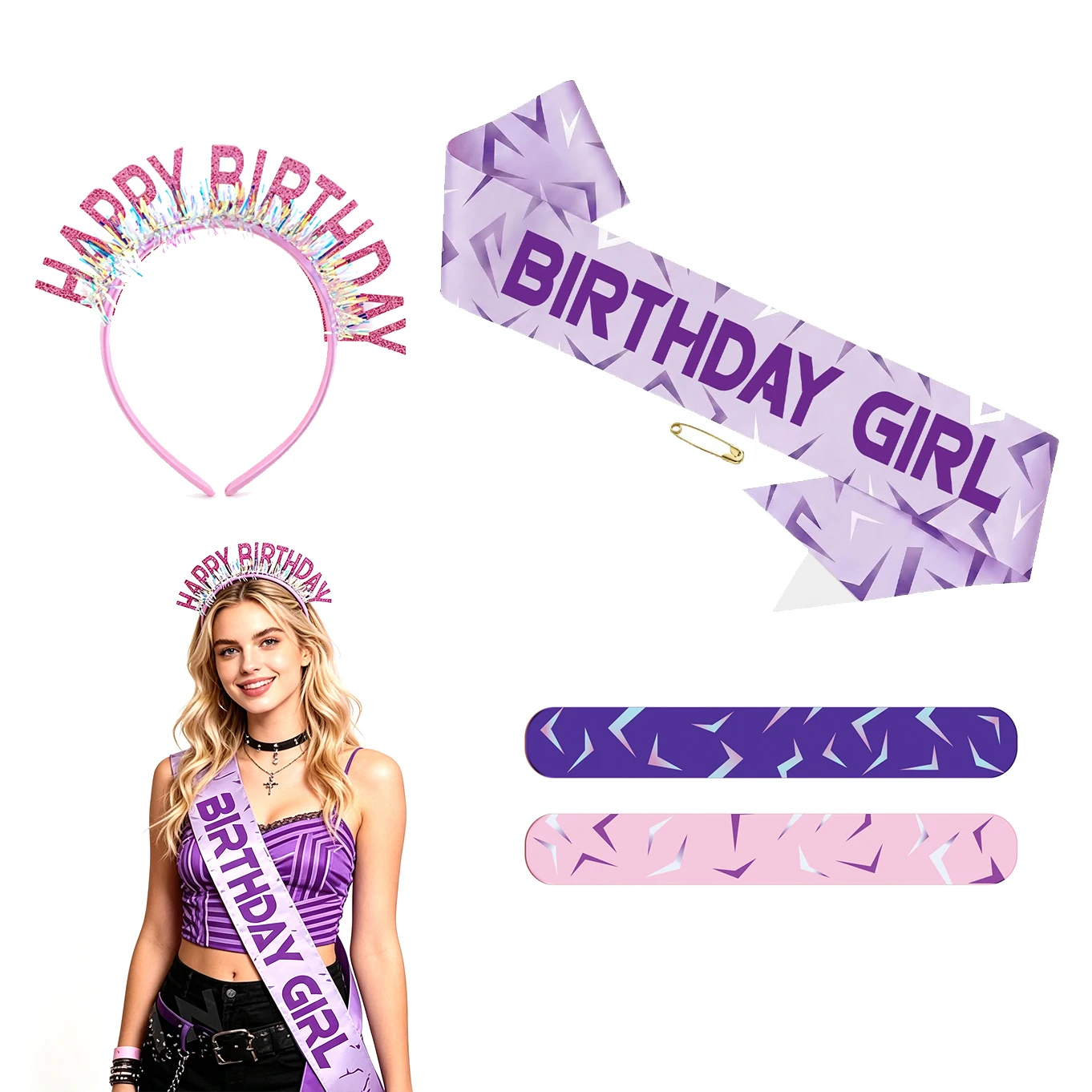 Fun Kpop Bday Queen Set: 3 Pcs Sash & Headband, Purple Lightning Party Decor with Slap Bracelet for Girls Women