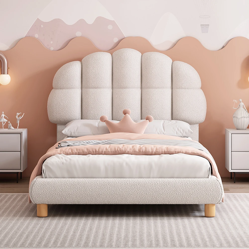 KOMHTOM Letto singolo 90x200 cm, letto per bambini e ragazzi, letto imbottito con griglia in legno e pile circolare, Bianco