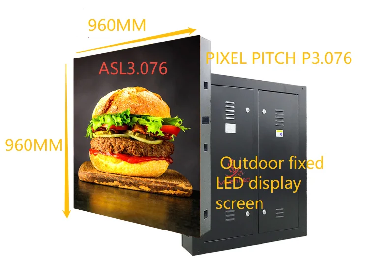 

ASL3.076 Наружный фиксированный светодиодный экран 960x960x140 мм 110/220 В переменного тока 50/60 Гц Переключатель назад IP65 1920 Гц P3.076 Открытый