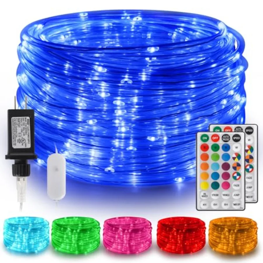 

Gvwoxm 98Feet 300 LED Rope Lights, 18 Colors with Timer, 5 Modes, Waterproof Plug-in Remote Control Camping String Lights for O