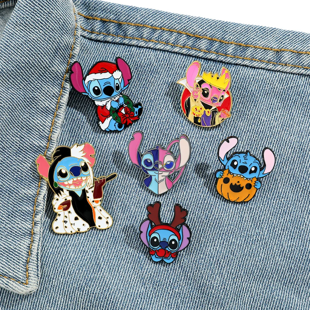 Disney 6 Pcs Cartoon Anime Lilo & Stitch Brooch Cute Scrump Angel Lapel Pin Fashion Animal Metal Enamel Badge Jewelry Backpack C