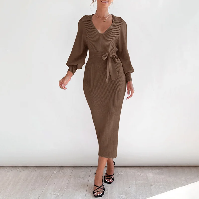 Dresses For Woman Elegant Retro V-neck Vestidos Solid Color Knitted Sweater Dress All-match Simple Style Temperament Commuting