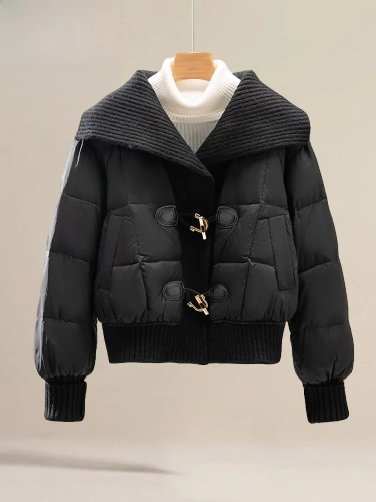 

Black Knitted Stand Collar down Cotton Jacket Women Winter New Style Small Fragrance Style Cotton Coat Warm Outerwear