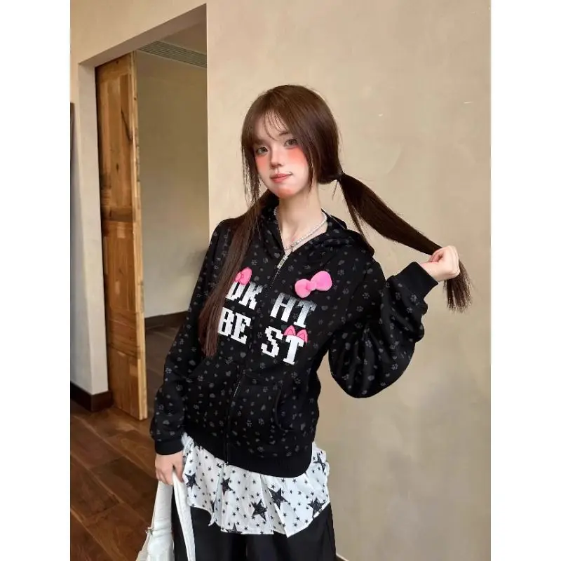 

Американская винтажная верхняя одежда на молнии с буквенным узором и длинными рукавами, однотонная модная карманная субкультура, милая шерстяная одежда с капюшоном, осень 2023 г.