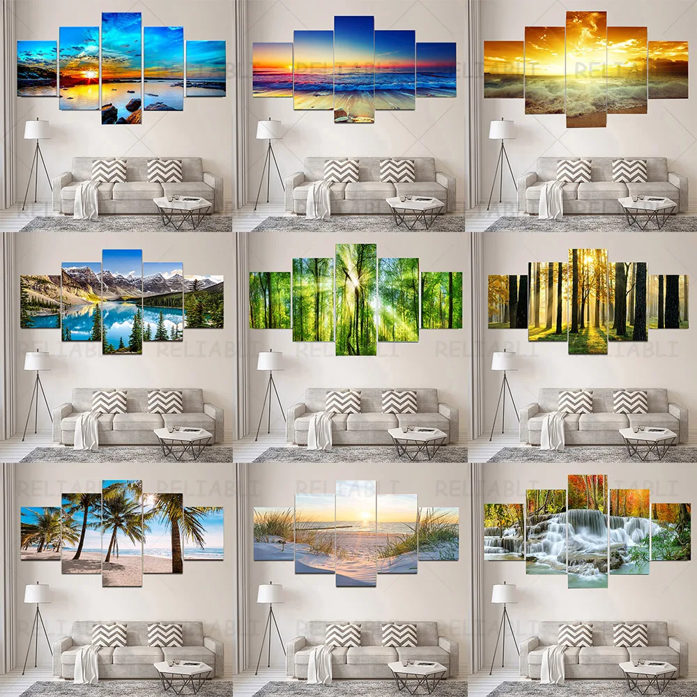 5 Pieces Beach Sunset Waterfall Forest Tree Landscape Canvas Painting Posters And Prints Wall Art Pictures Home Decor No Frame