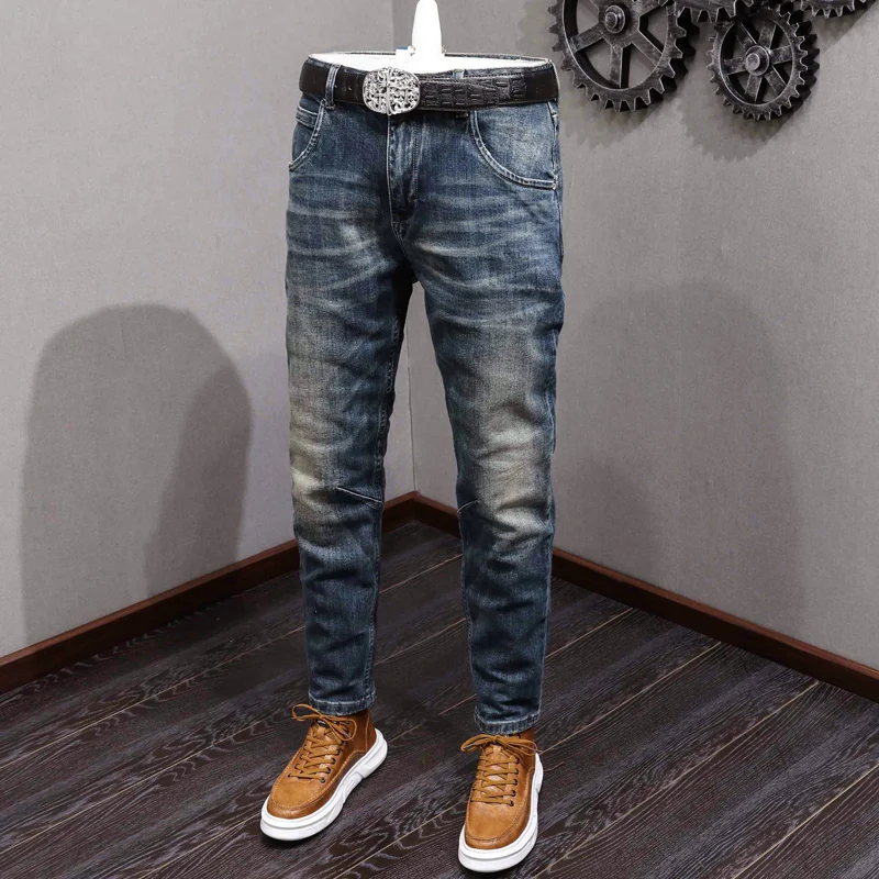 Italian Vintage Fashion Men Jeans High Quality Retro Blue Elastic Slim Fit Ripped Jeans Men Casual Designer Denim Pants Hombre