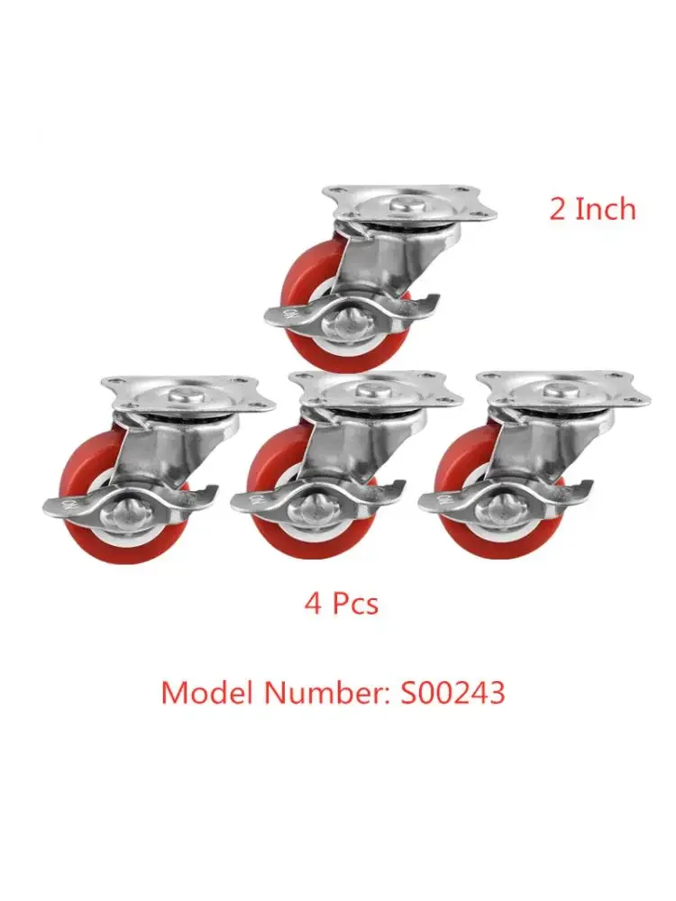 4 Pcs/Lot 2 Inch Pvc Flat Bottom Brake Caster, 65mm High, Top Universal Wheel, Red Furniture