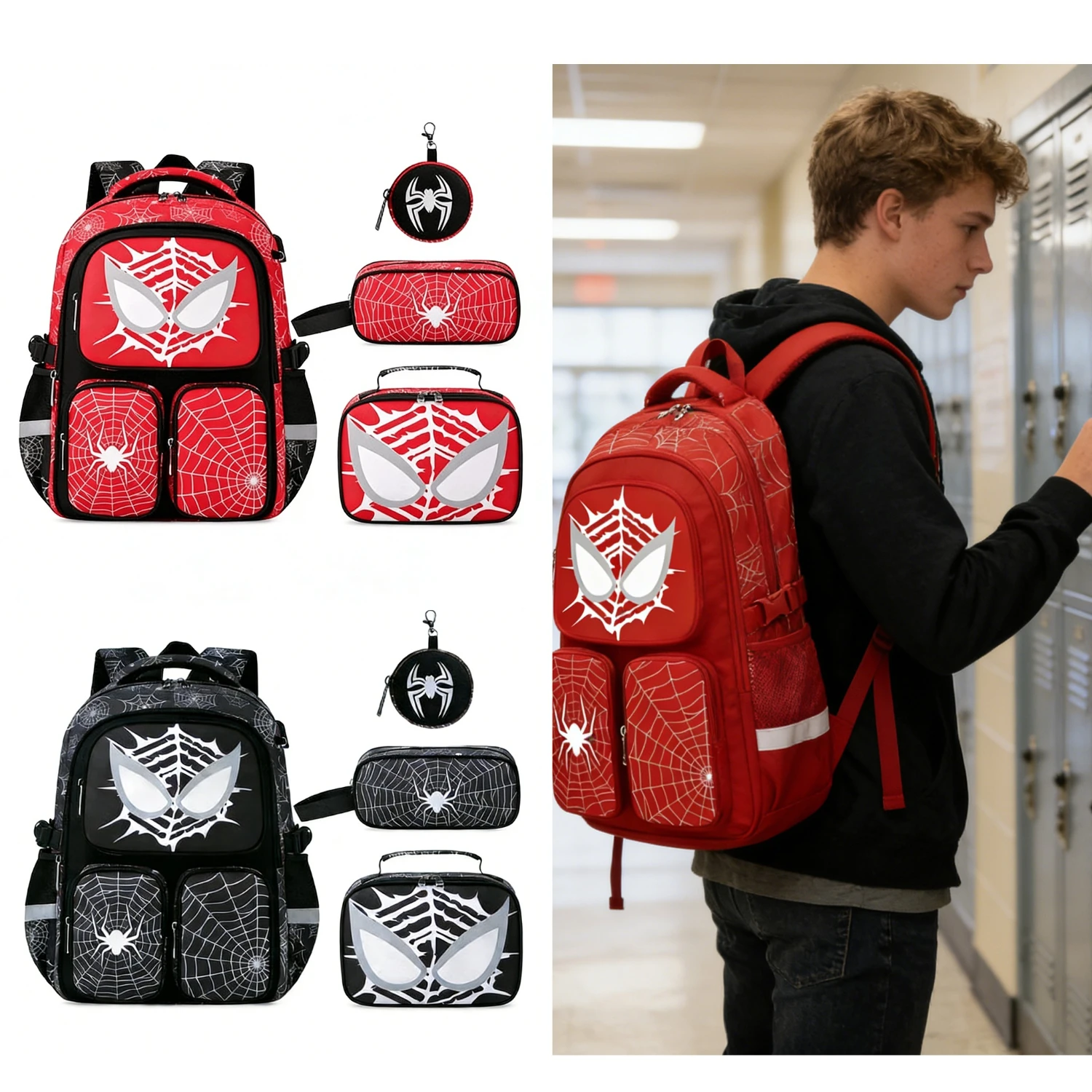 

4-piece setBoys Girls Backpack, Fashion Luminous Design Large Capacity School Bag with Lunch Bag Pencil Case Mini Purse