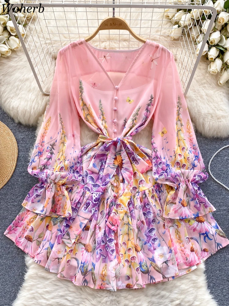 Autumn Woman Two-piece Set Dress 2024 Vestidos De Mujer V Neck Print Vintage Dresses Single Breasted Tunic Bandage Sweet Dresses