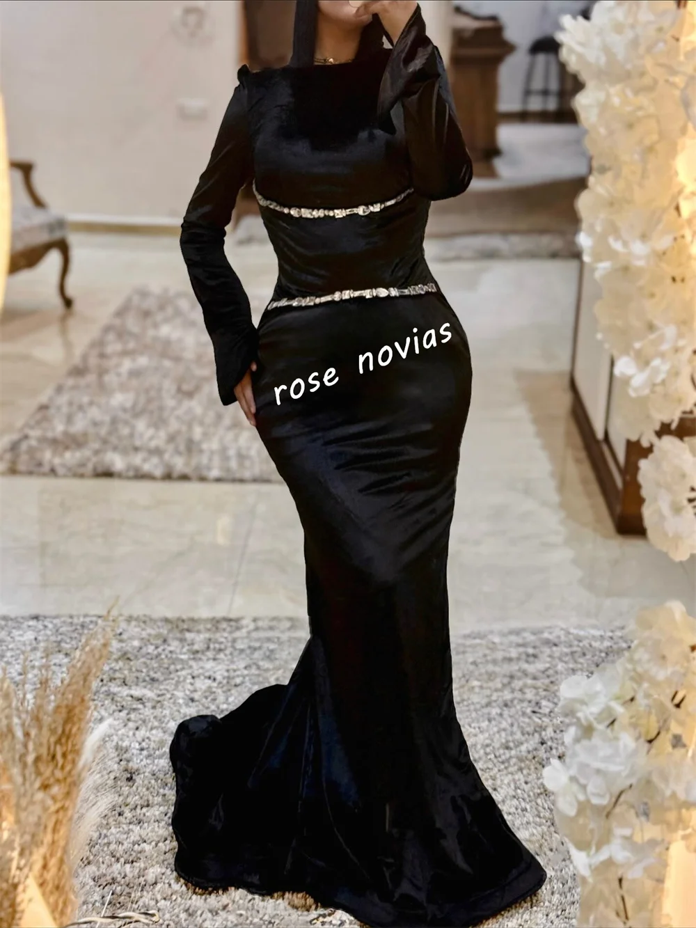 فستان سهرة رسمي مخصص للنساء بأكمام طويلة ورقبة دائرية فساتين طويلة حورية البحر مناسبة مخصصة لحفلات الزفاف الأنيقة