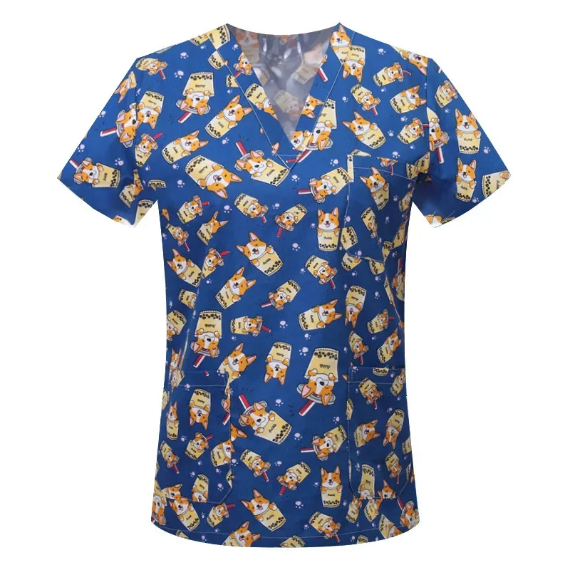 Pet Clinic Vet Work Uniforms Women Nurse Accessories Animal Printed Hospital Doctor Nursing T-Shirt Medical Scrubs Clothes Tops