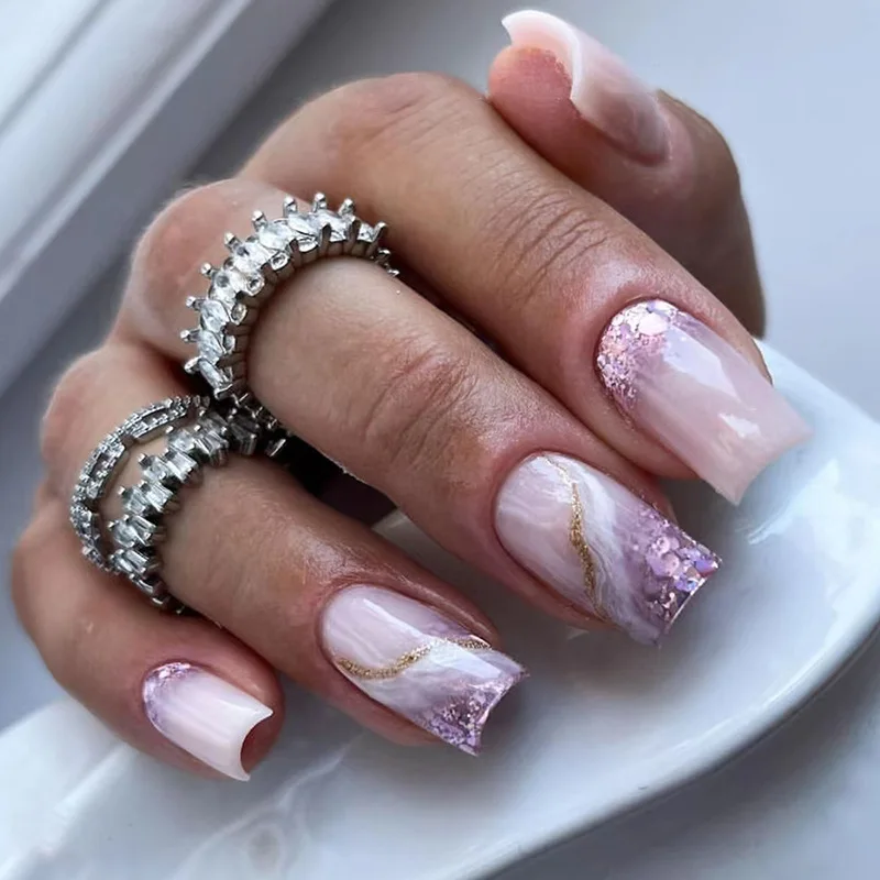 

24pcs Ballet False Nails Sets Shiny Powder Smudge Press on Nails Stripe Design Square Coffin Stick on Nude Color Fake Nail Tips