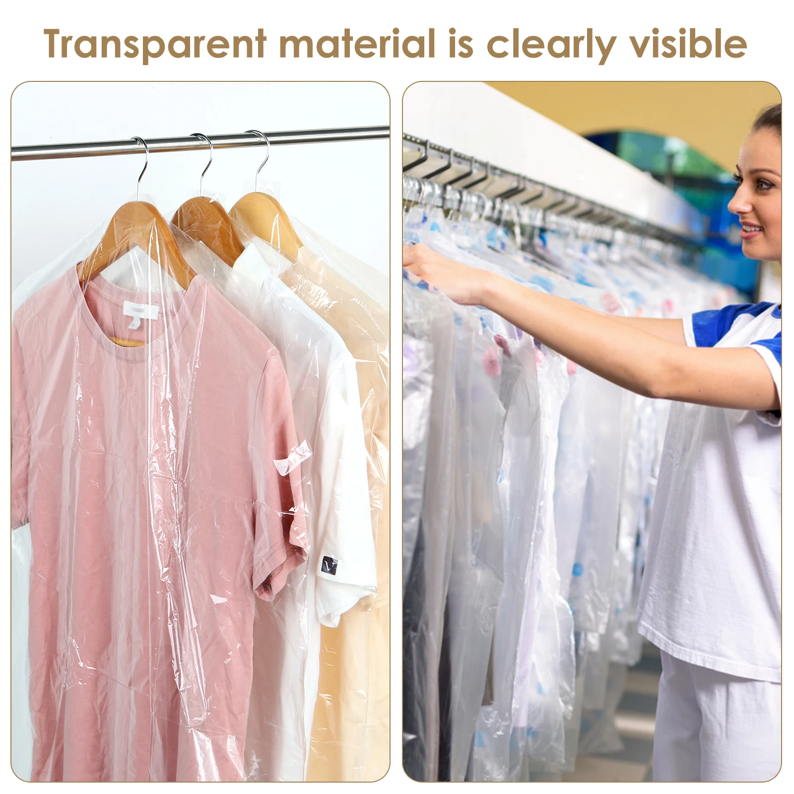 50/100Pcs Dust-proof Plastic Clothes Covers Clear Garments Bag 3 Sizes Reusable Dry Cleaning Bag for Protect Clothes Dress Suits