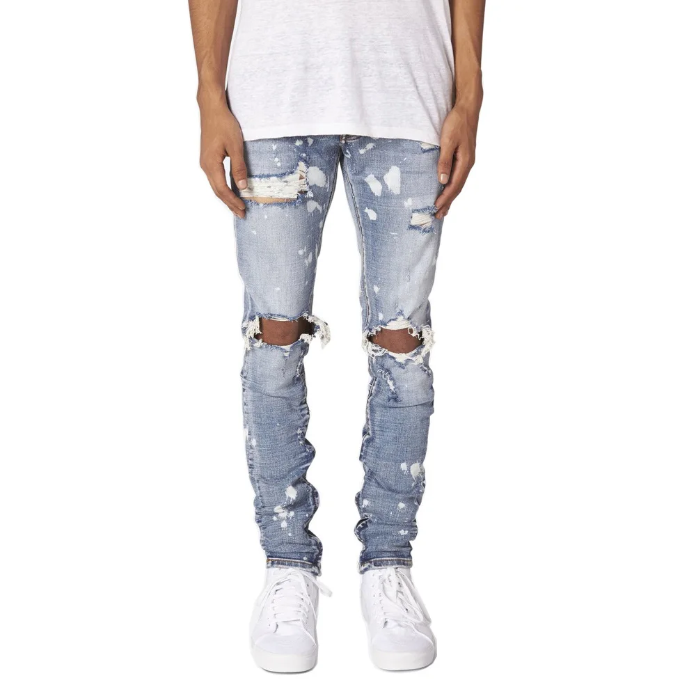 Men\'s Ripped Paint Distressed Button Fly Zipper Leg Hip Hop High Street Skinny Denim Jeans