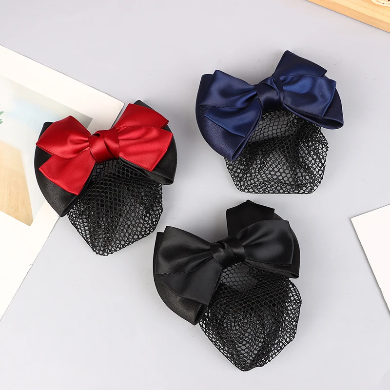 Women Professional Bow Barrettes Ribbon Hair Clip Nurse Hotel Postal Bank Stewardess Hairpins Snood Net Bun Hairgrips