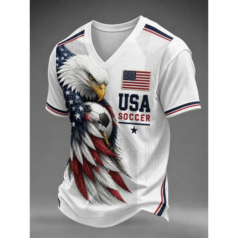 USA National Soccer Team V-Neck 3D Print Short Sleeve T-Shirt with Bald Eagle Graphic, Breathable Quick Dry Fan Sports Jersey