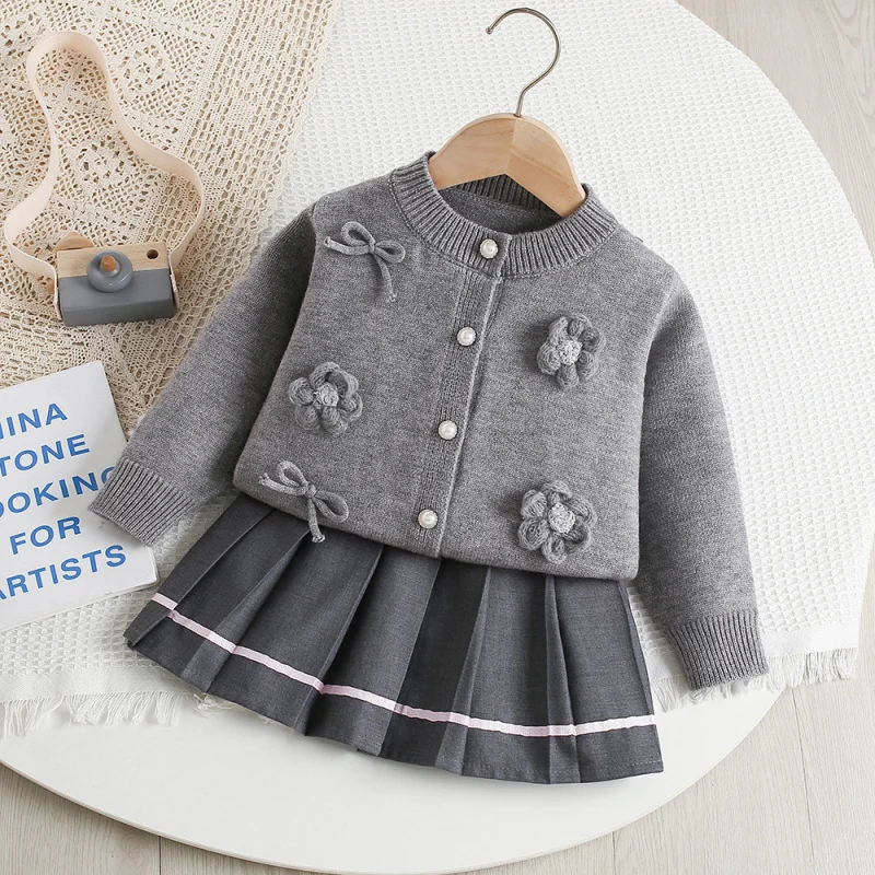 Girls' Sweater Top2025Spring and Autumn New Fashionable Solid Color Three-Dimensional Flower Knitted Cardigan Sweater