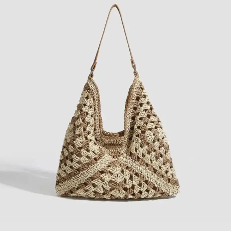 Bloom Vacation Large Capacity Woven Bags Women New 2025 Summer Hollow Out Beach Female Retro Casual Handbag Tote Bag Chic