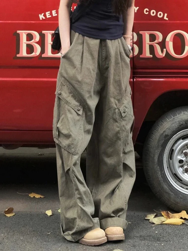 

Summer New Classic Washed Loose Female Jeans American Vintage Chic Pockets Fashion Full Length Simple Casual Women Cargo Pants