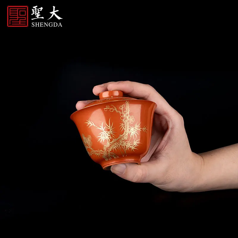 |Holy big ceramic coral red paint at the age of poetic tureen kung fu tea cups suit jingdezhen tea bowls