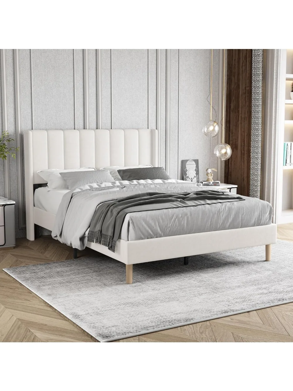 إطار سرير منجد بمنصة كاملة الحجم مع لوح أمامي، شرائح خشبية قوية تدعم لا حاجة إلى صندوق زنبركي سهل التجميع