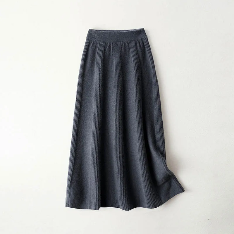 100% Wool Women's Wide Vertical Ribbed Solid Color Midi Skirt, Autumn Winter Versatile Slim Knitted Wool Long Skirt