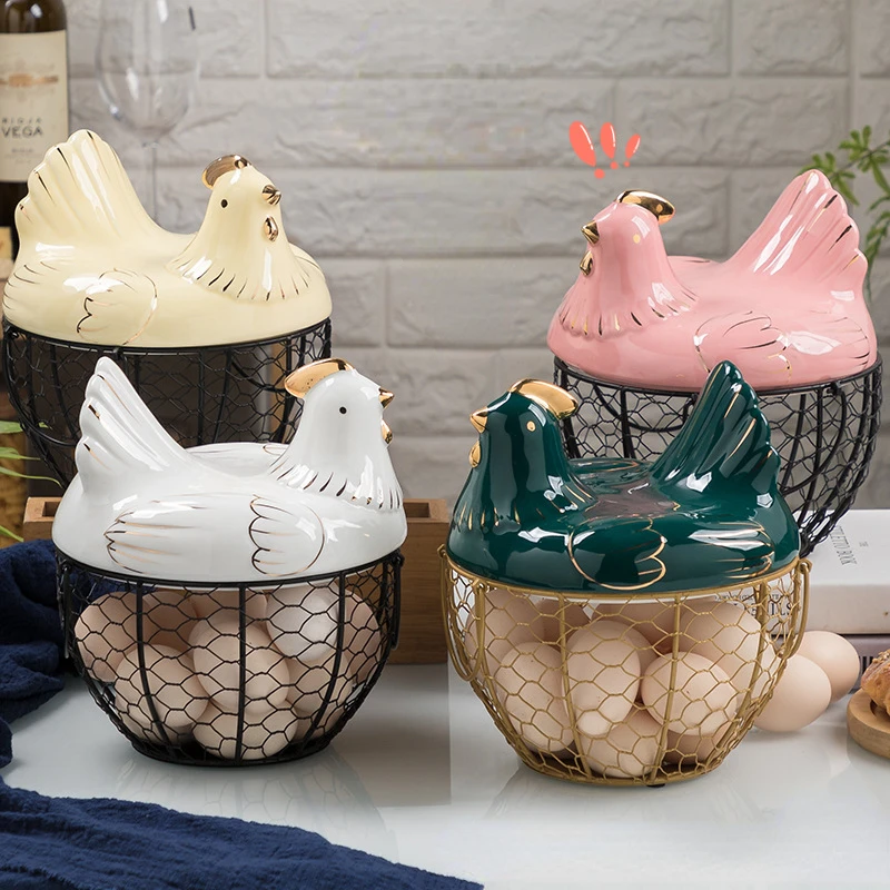 

Cute Hen-shaped Egg Storage Basket Metal Wrought Iron with Lid Kitchen Food Debris Container Home Decoration