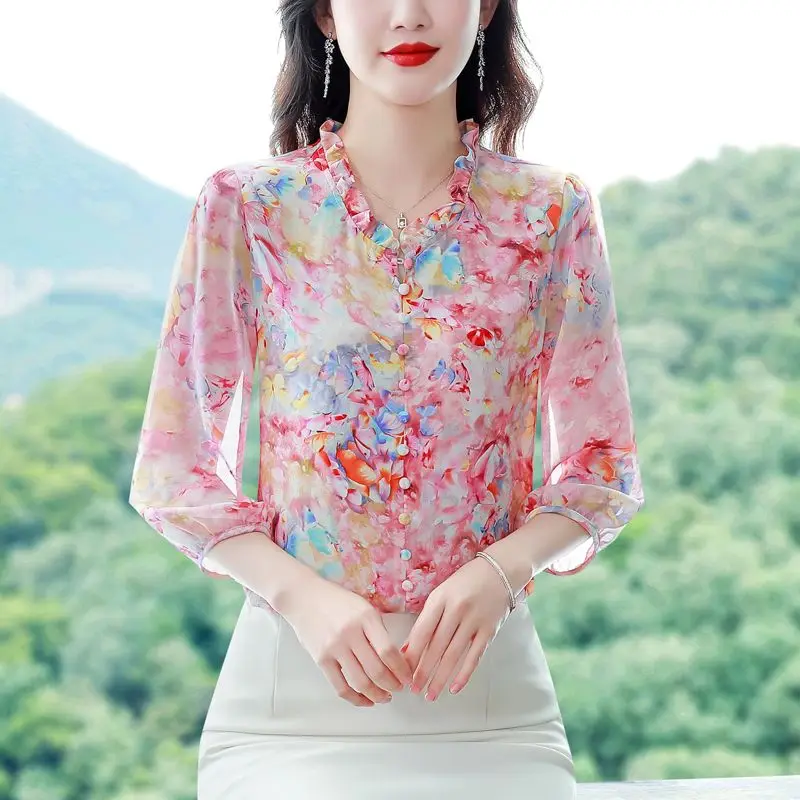 Fashion Floral Thin Blouse Summer New 3/4 Sleeve V Neck Loose Printing All-match Elegant Shirt Tops Vintage Office Women Clothes