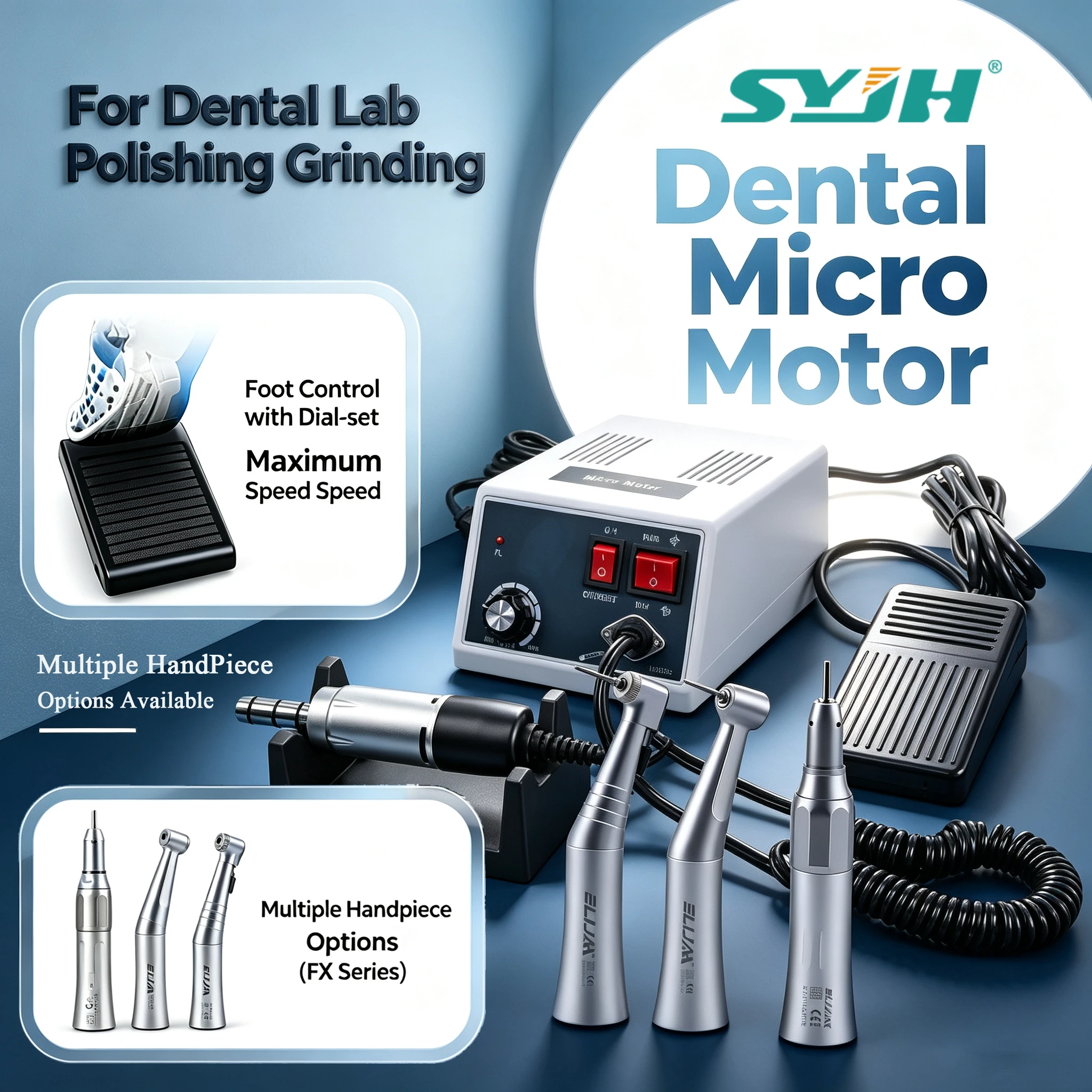 SYJH Dental Micromotor 35,000 RPM 65W Foot Control Forward Reverse with FX Low Speed Handpiece for Dental Lab Polishing Grinding