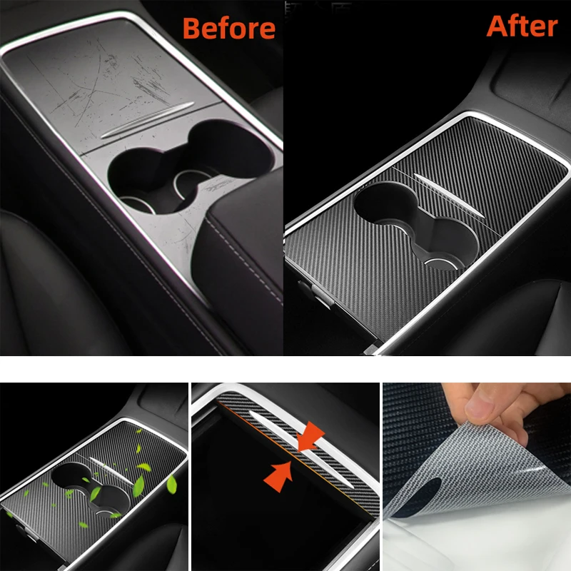 2021 2022 2023 for Tesla Model 3 Model Y Center Console Wrap Kit Carbon Fiber Console Cover Interior Decoration Wrap Kit with Bu