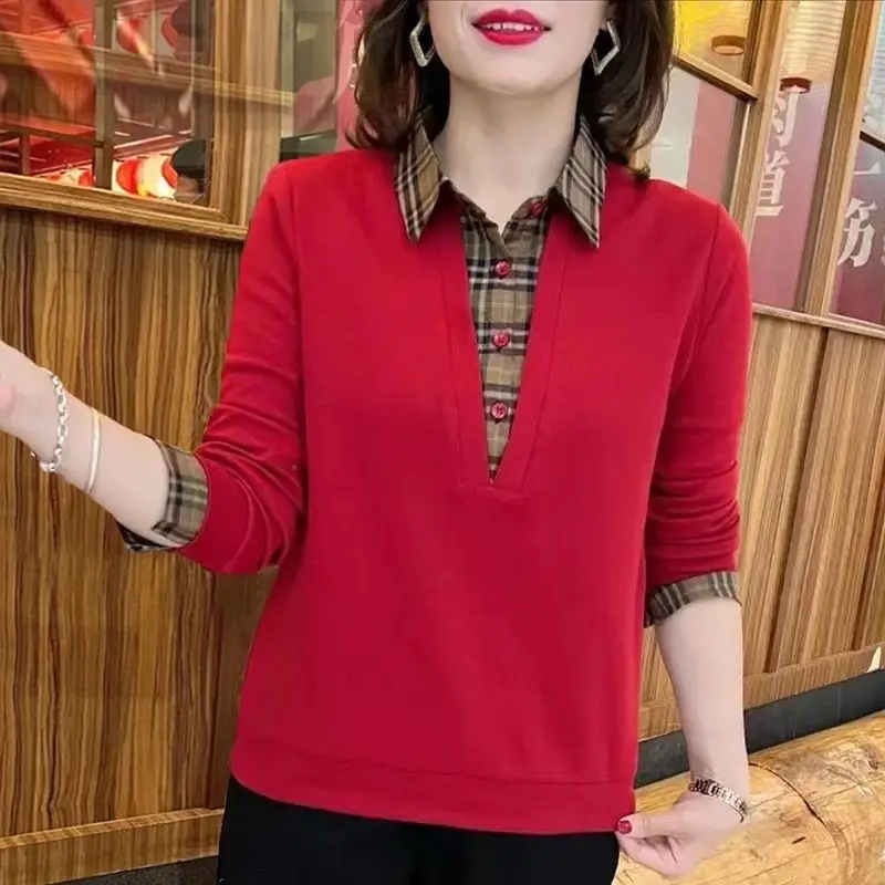 2023 Autumn Women\'s New Fashion Temperament Fake Two Piece Top Lapel Panel Plaid Casual Comfortable Versatile Bottom Top