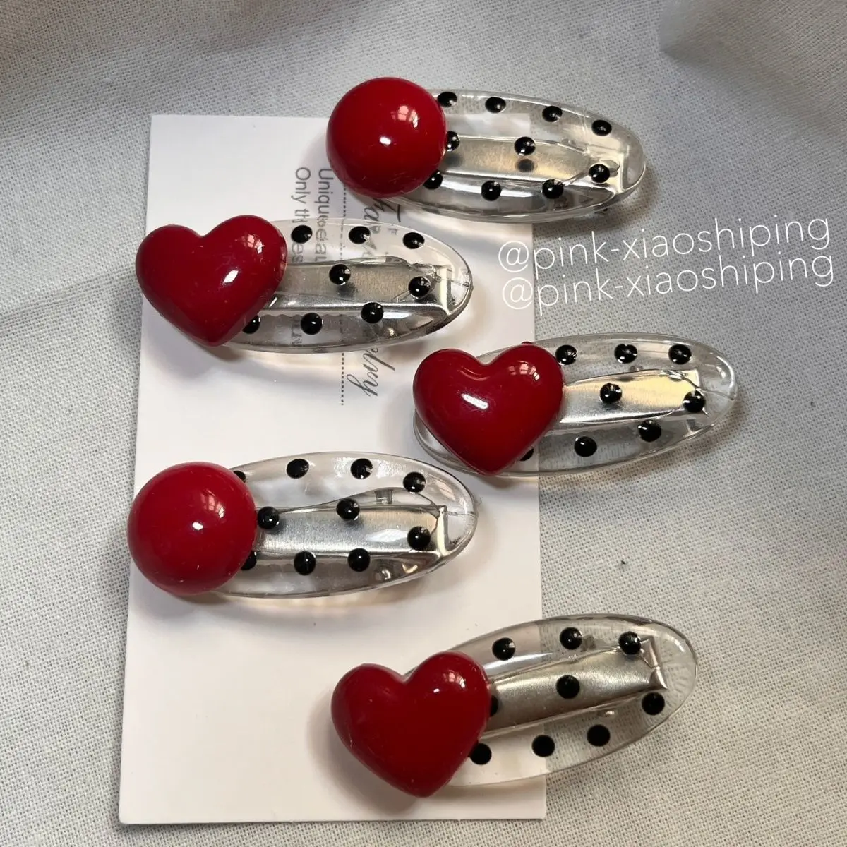 Sweet Girl High Value Red Imitation Pearl Hair Clip Double Pronged Cute Black Polka Dot Oval Duckbill Clip Ins Style Hair Acc...