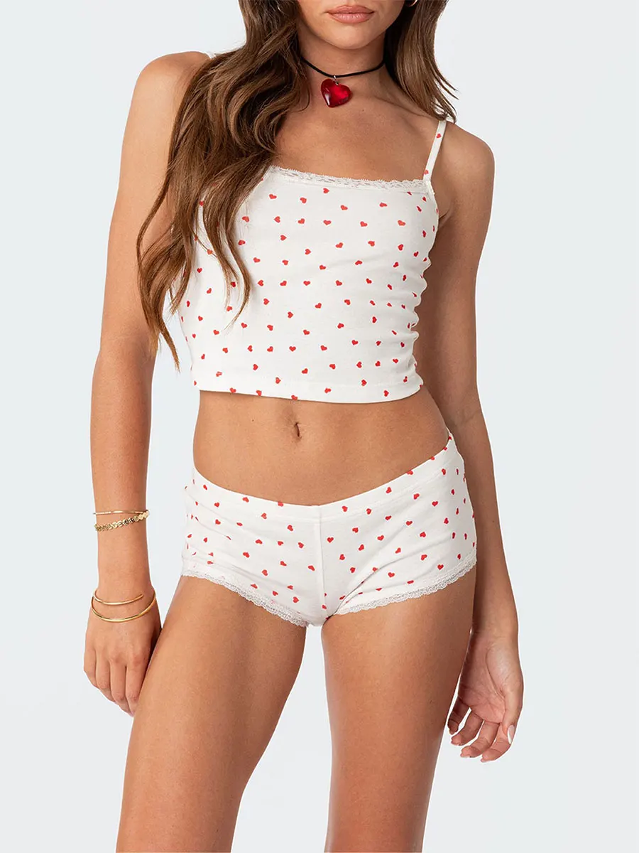 Women Summer Two Pieces Shorts Set Lace Trim Heart Print Sleeveless Crop Cami Tops Elastic Waist Shorts Outfits Streetwear