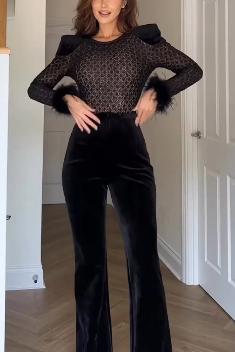 Fashion Velvet Patchwork Jumpsuits Autumn Clothing Women Long Sleeve Sequined Flare Pants Rompers Playsuits One Pieces Overalls