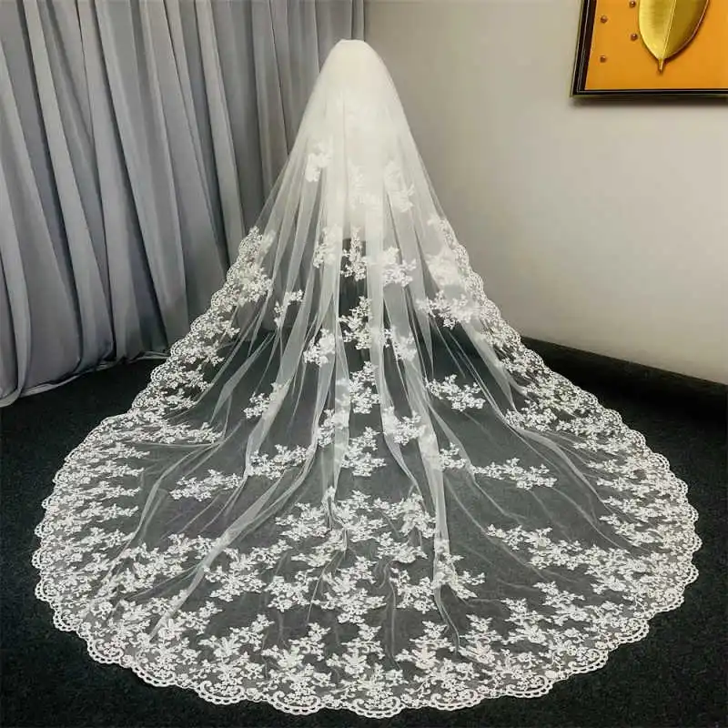 Luxury Wedding Veils Customized With Full Appliques Lace Cathedral Wedding Veils with Comb 3M Long White Ivory 2 T Bridal Veils