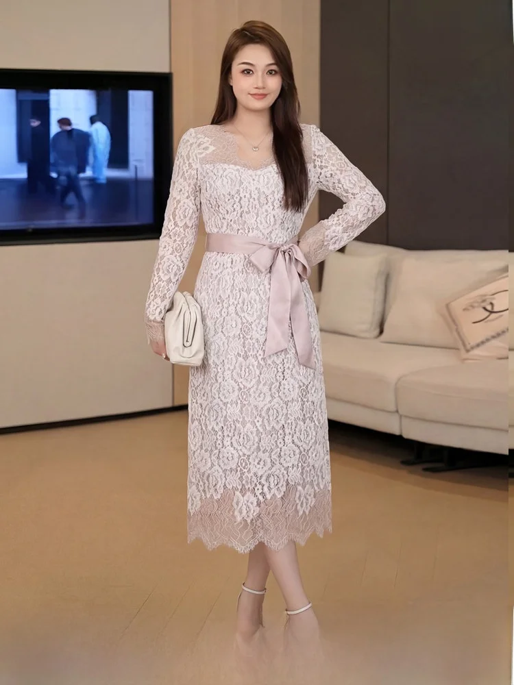

Elegant Gentle Large Size Women's Lace Dress High Waist Long Skirt Spring Summer New Style Cotton Blend Comfortable Workwear