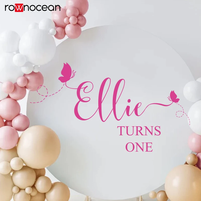 Personalized Name Sticker, Party Vinyl Decal, First Birthday Balloon Arch Age Sticker for girl with butterfly E952