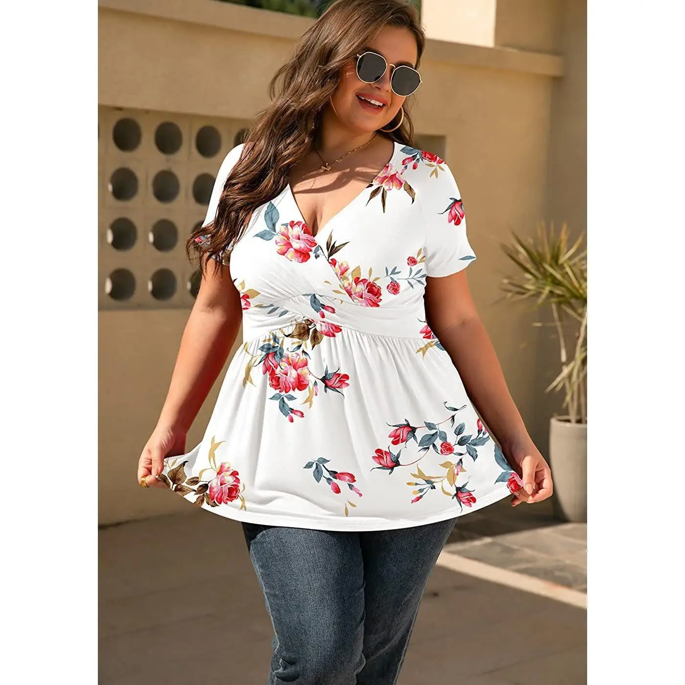 Cseta Plus Size Estampada Fena Estilo Étnico Solta de Aodão Manga Curta Gola Redonda Crimento Médio Casual para N...