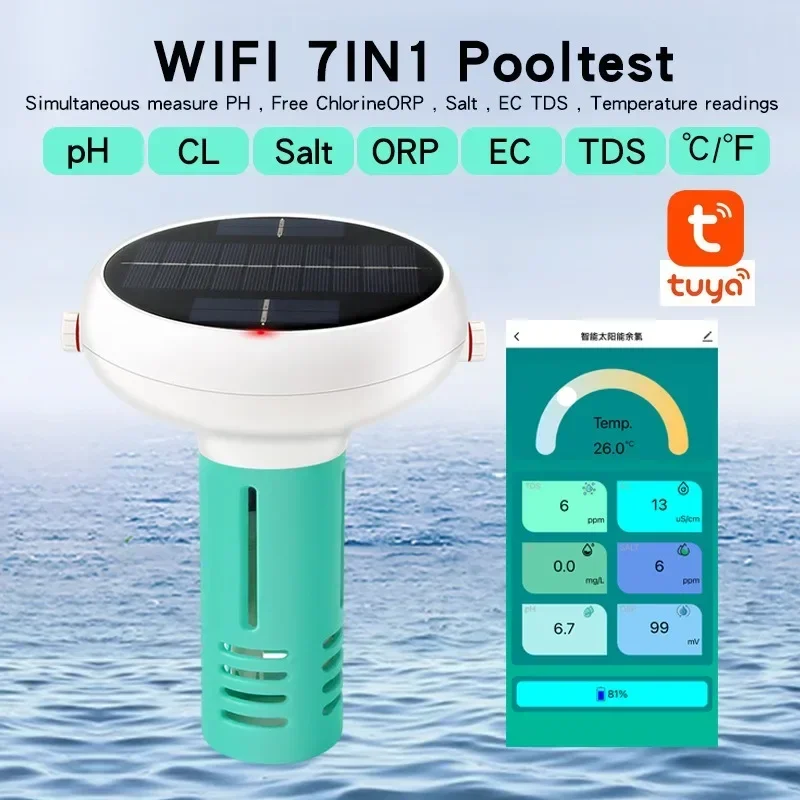 10PCS Solar Powered Swimming Pool Residual Chlorine Detection PH Salinity ORP Residual Chlorine CL Acid-base Water Quality Detec