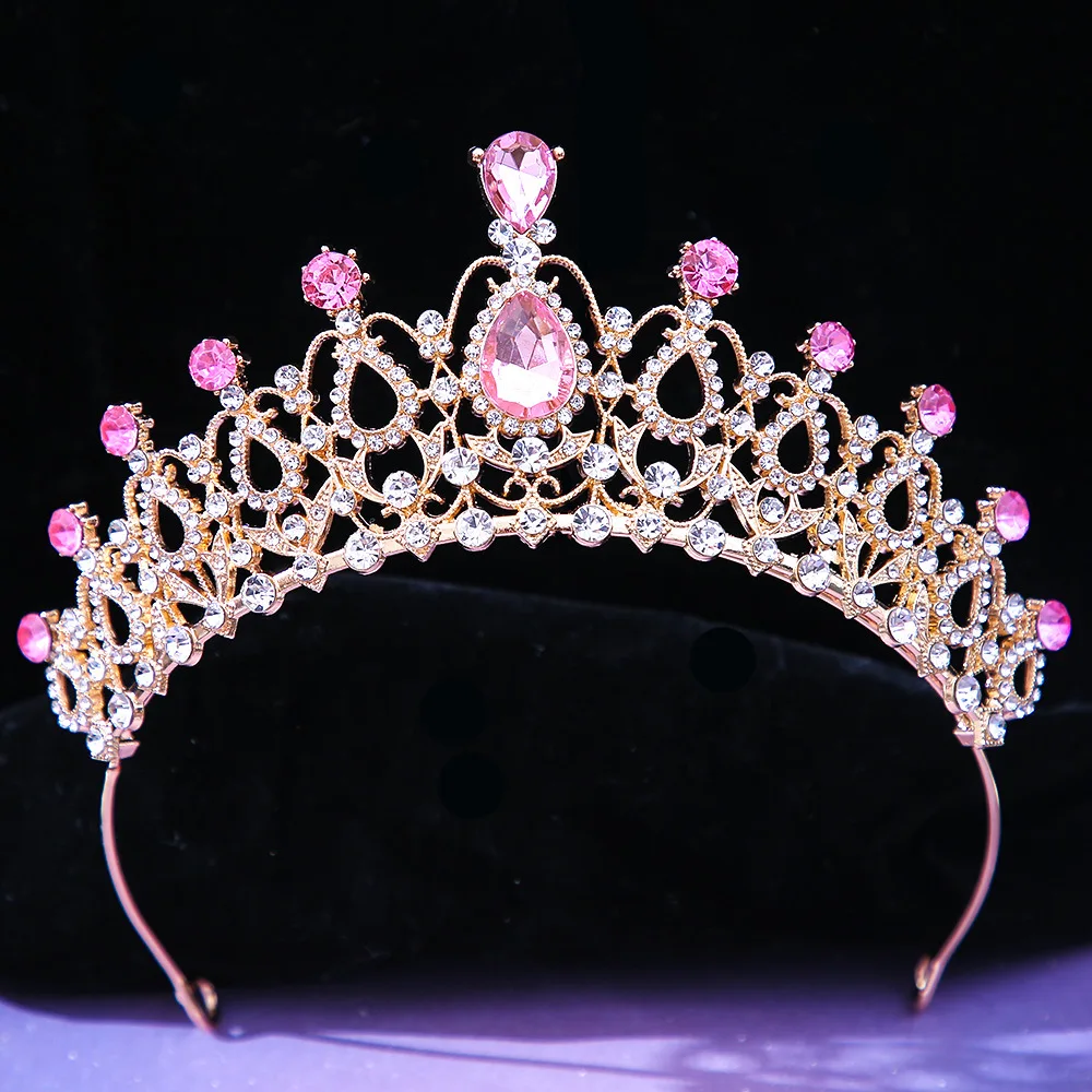 DIEZI Elegant Bridal Pink Crystal Girls Tiara Crown For Women Fashion Princess Queen Rhinestone Crown Hair Accessories Jewelry